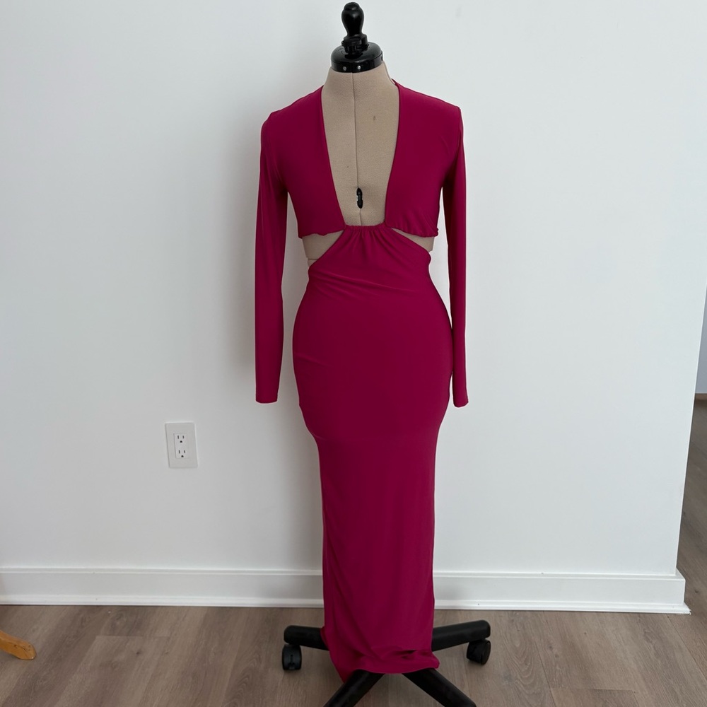 Club L London Womens Dress Size 6 Hot Pink Magenta Long Sleeve Cut Out Maxi